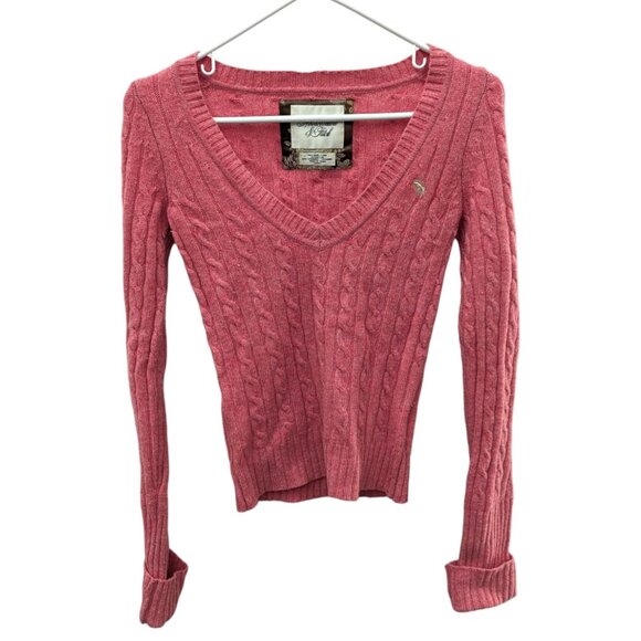 Abercrombie & Fitch Wool Sweater V-Neck Cable Knit Moose Logo Wool Pink Small S - Picture 7 of 9